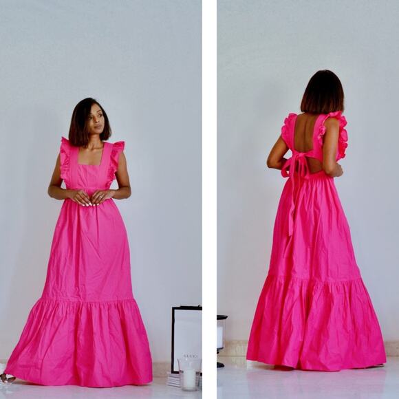 Self-Portrait Fuschia Cotton Poplin Maxi Dress Tiered Ruffle Long Sleeveless 2 - Picture 13 of 14